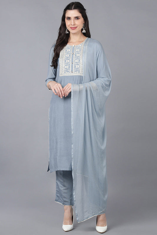 Grey Poly Silk Embroidered Straight Suit Set PKSKD1116