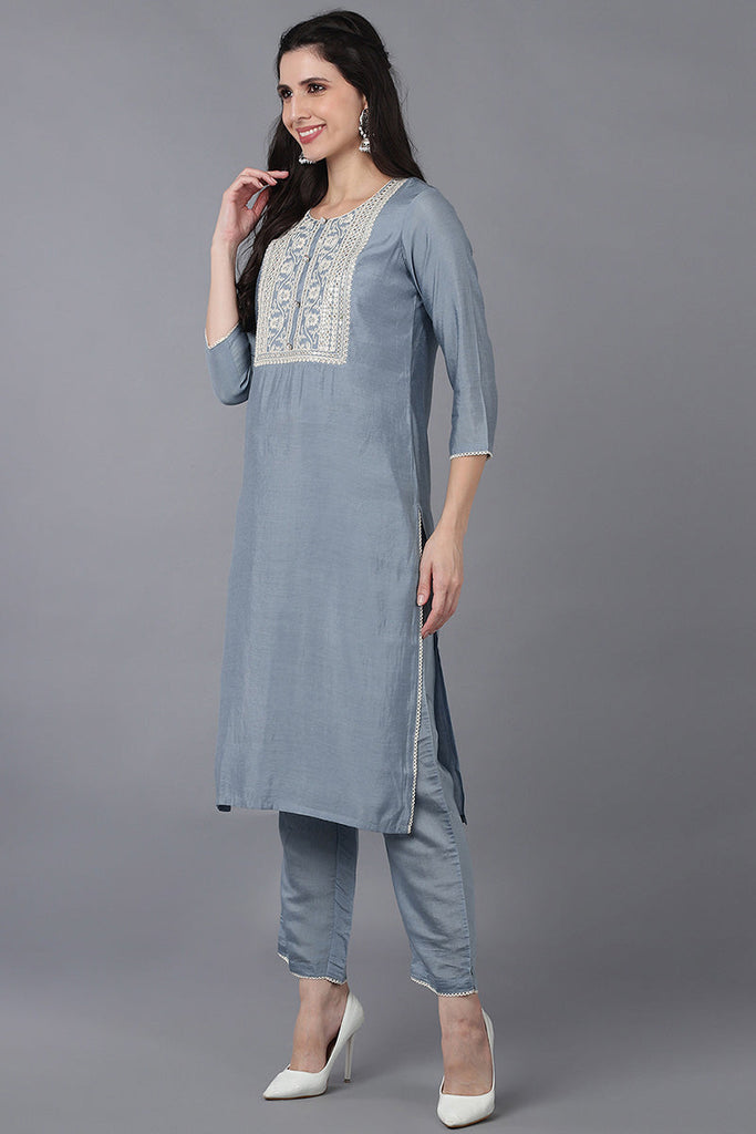 Grey Poly Silk Embroidered Straight Suit Set PKSKD1116