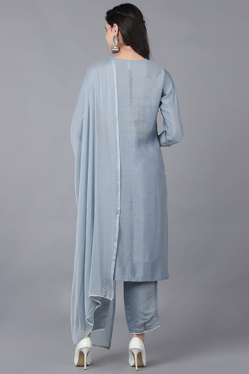 Grey Poly Silk Embroidered Straight Suit Set PKSKD1116