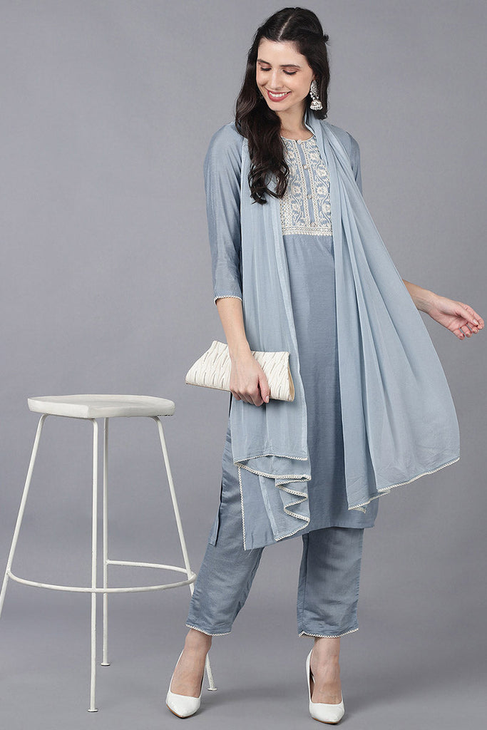 Grey Poly Silk Embroidered Straight Suit Set PKSKD1116