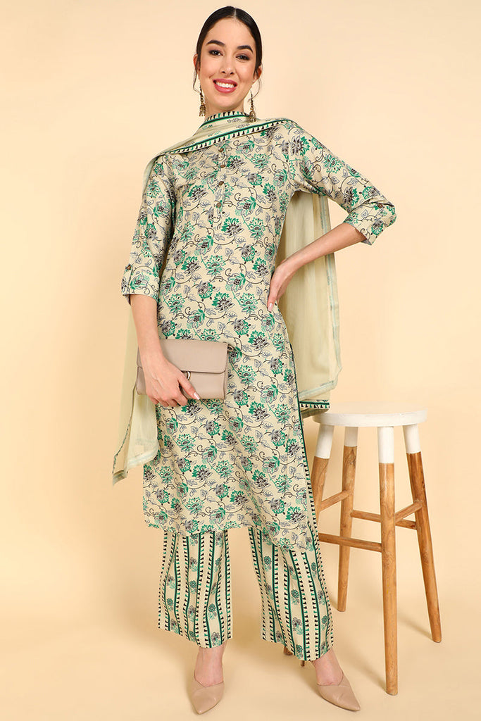  Women Cream Printed Kurti Palazzos With Dupatta