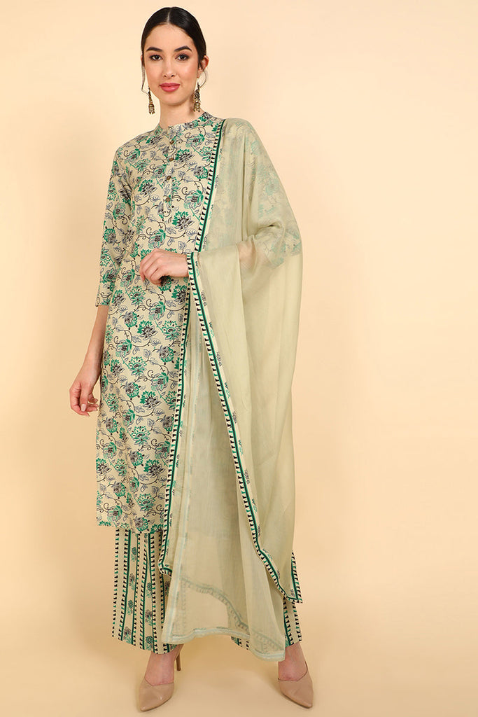  Women Cream Printed Kurti Palazzos With Dupatta