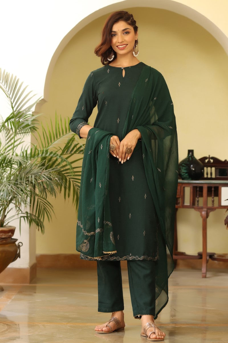  Women Green Ethnic Motifs Printed Kurta Set With Dupatta