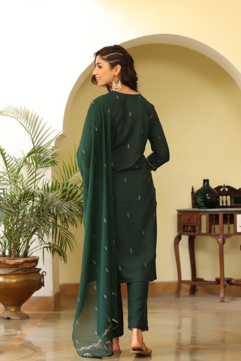  Women Green Ethnic Motifs Printed Kurta Set With Dupatta