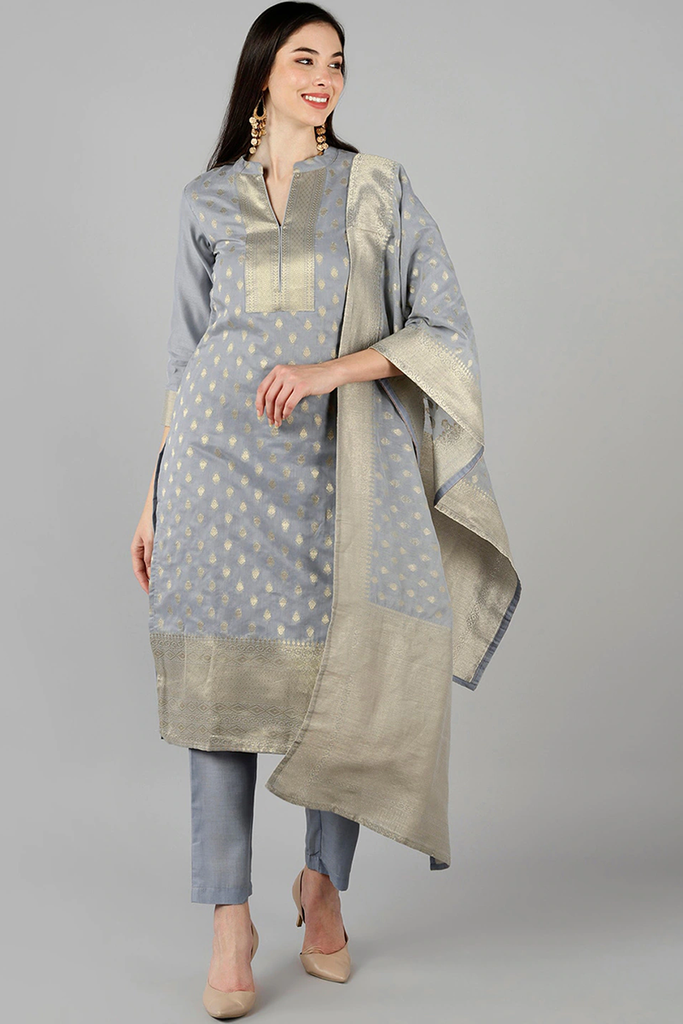  Women Grey Kurta with Trousers With Dupatta