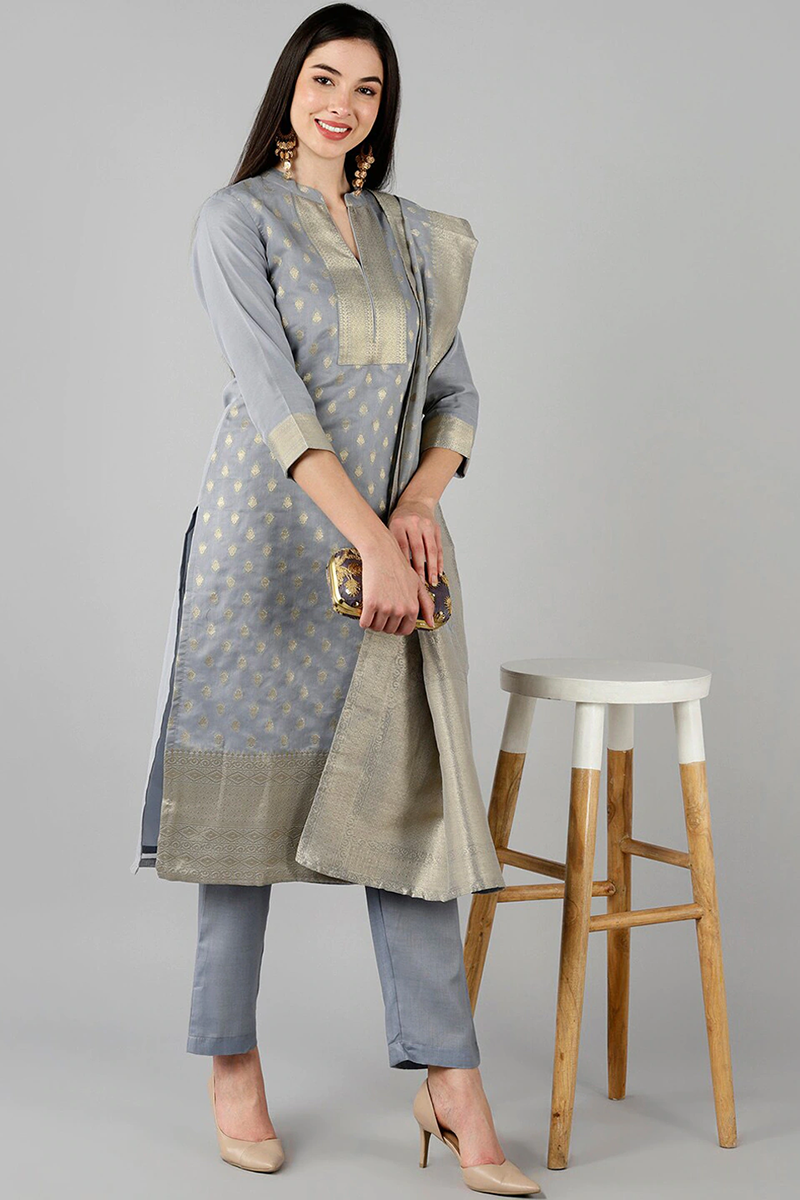  Women Grey Kurta with Trousers With Dupatta