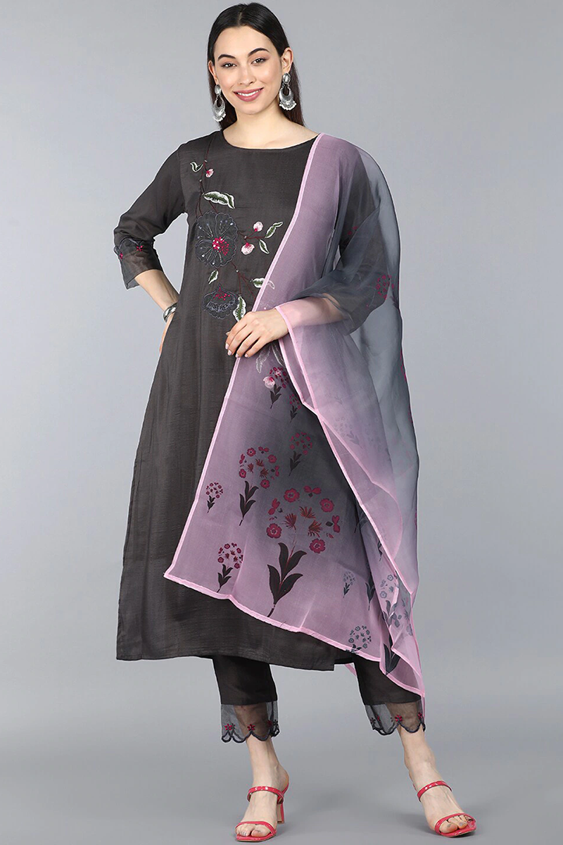  Women Taupe Floral Embroidered Kurta with Trousers Dupatta