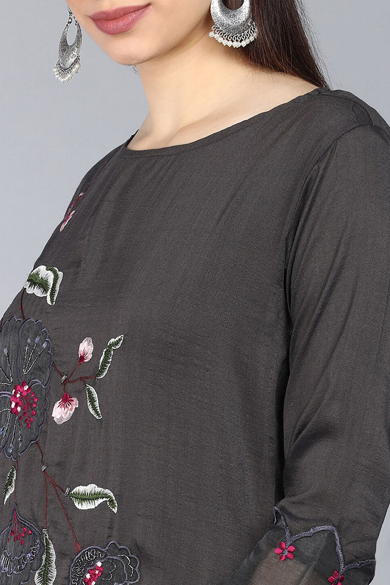  Women Taupe Floral Embroidered Kurta with Trousers Dupatta