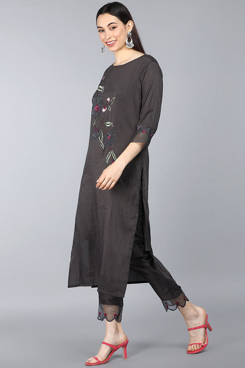  Women Taupe Floral Embroidered Kurta with Trousers Dupatta