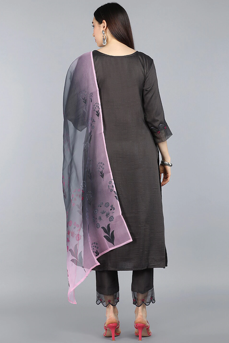  Women Taupe Floral Embroidered Kurta with Trousers Dupatta