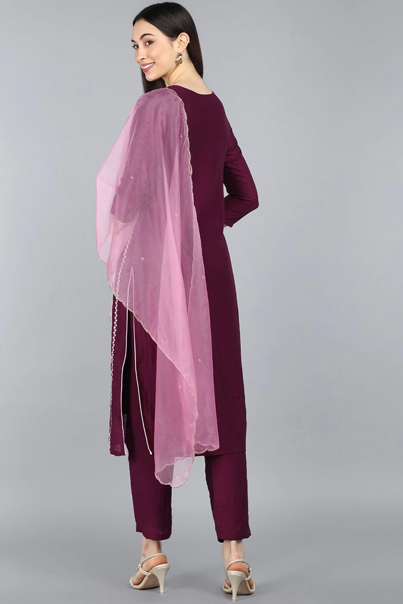  Women Burgundy Kurta with Trousers Dupatta