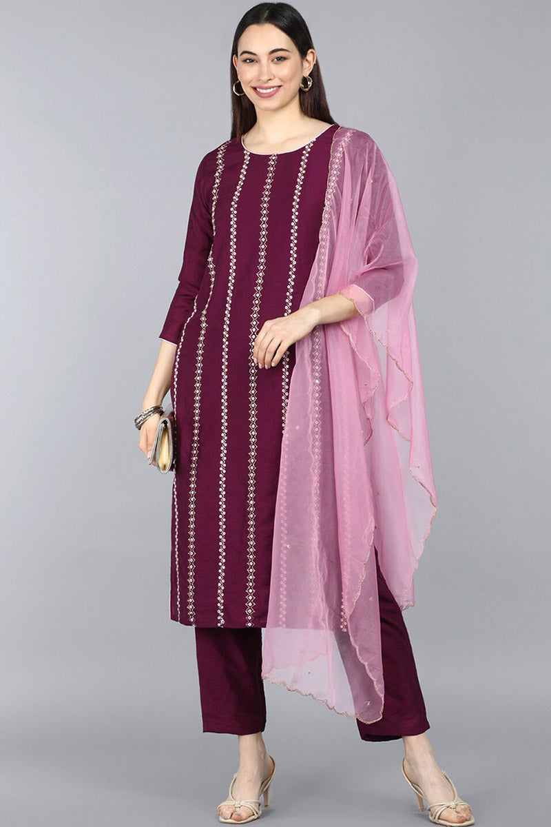  Women Burgundy Kurta with Trousers Dupatta