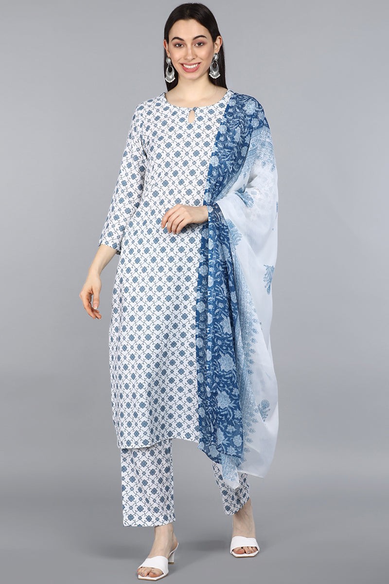  Women White Ethnic Motifs Printed Kurta with Trousers With Dupatta