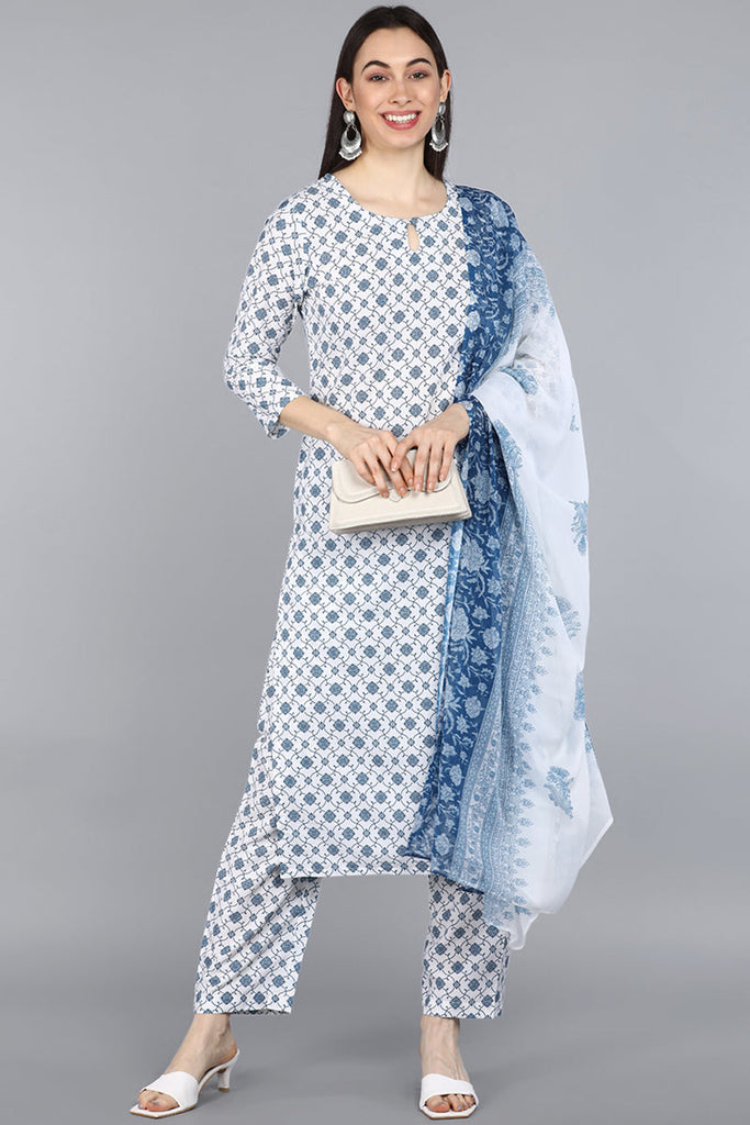  Women White Ethnic Motifs Printed Kurta with Trousers With Dupatta