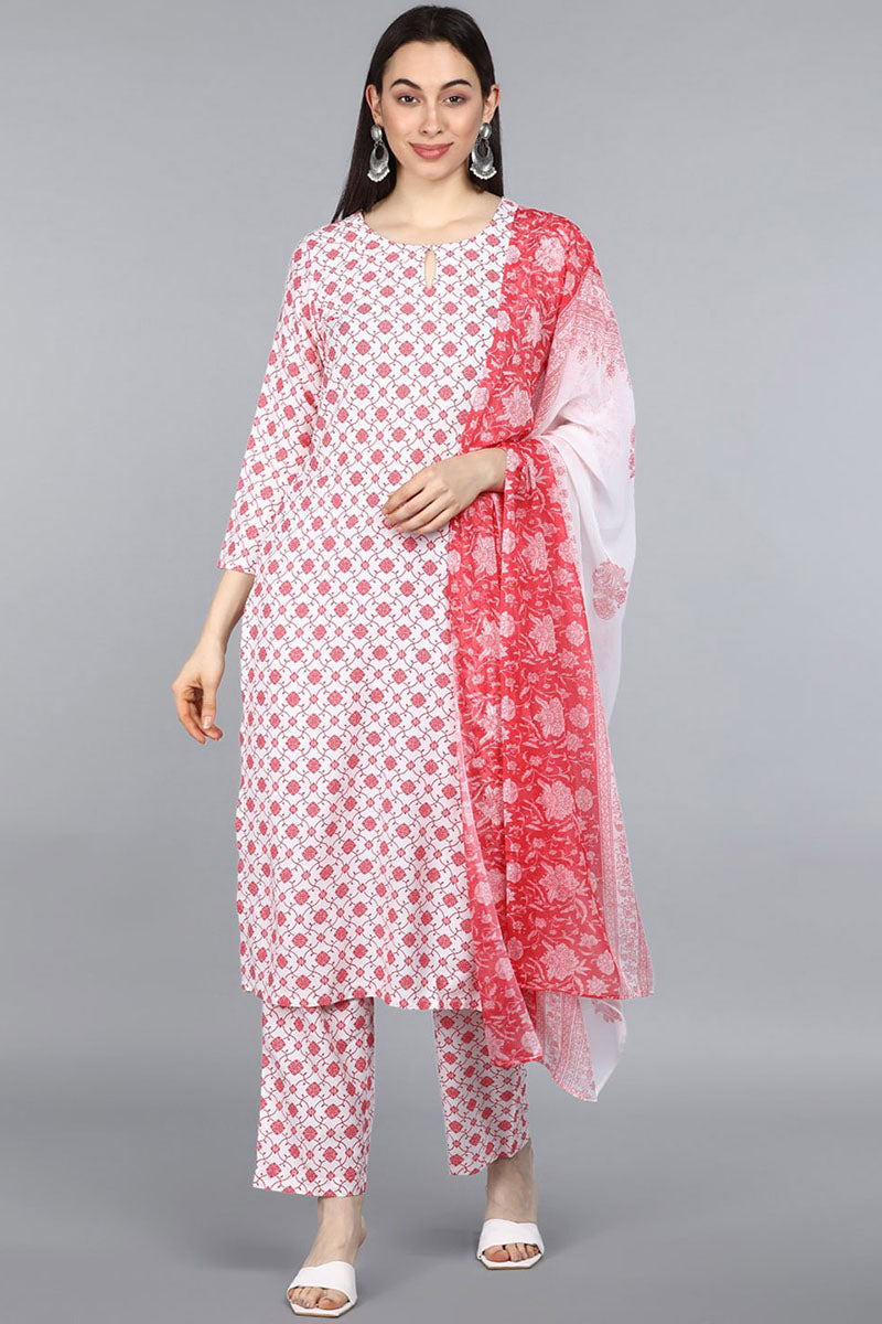  Women White Floral Printed Kurta Trousers With Dupatta