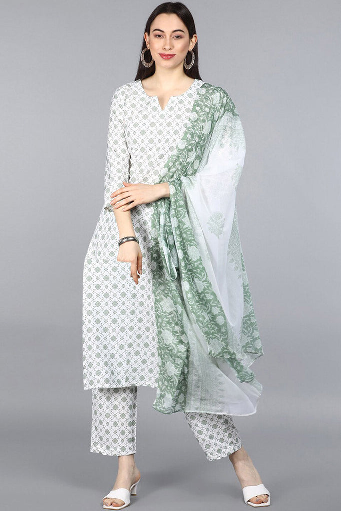  Women White Floral Printed Kurta with Trousers Dupatta 