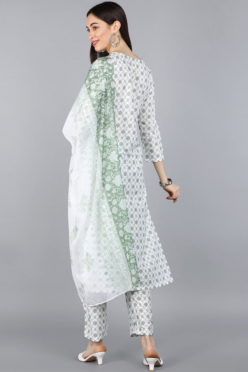  Women White Floral Printed Kurta with Trousers Dupatta 