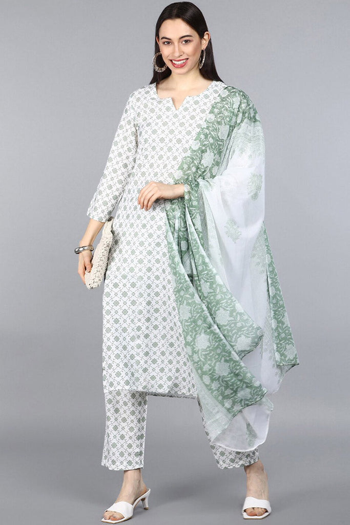  Women White Floral Printed Kurta with Trousers Dupatta 