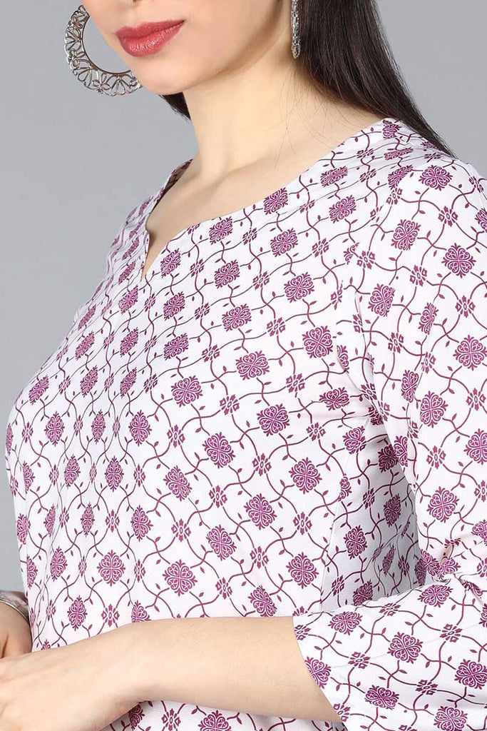  Women White  Purple Ethnic Motifs Printed Kurta with Trousers Dupatta 