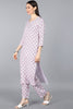  Women White  Purple Ethnic Motifs Printed Kurta with Trousers Dupatta 