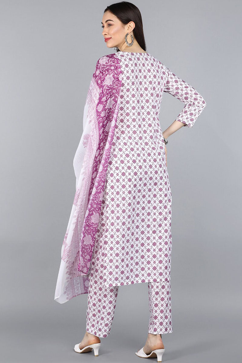  Women White  Purple Ethnic Motifs Printed Kurta with Trousers Dupatta 