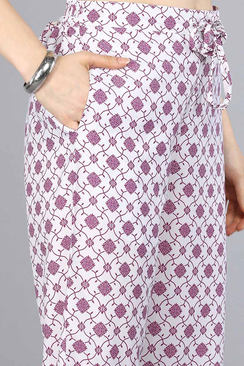  Women White  Purple Ethnic Motifs Printed Kurta with Trousers Dupatta 