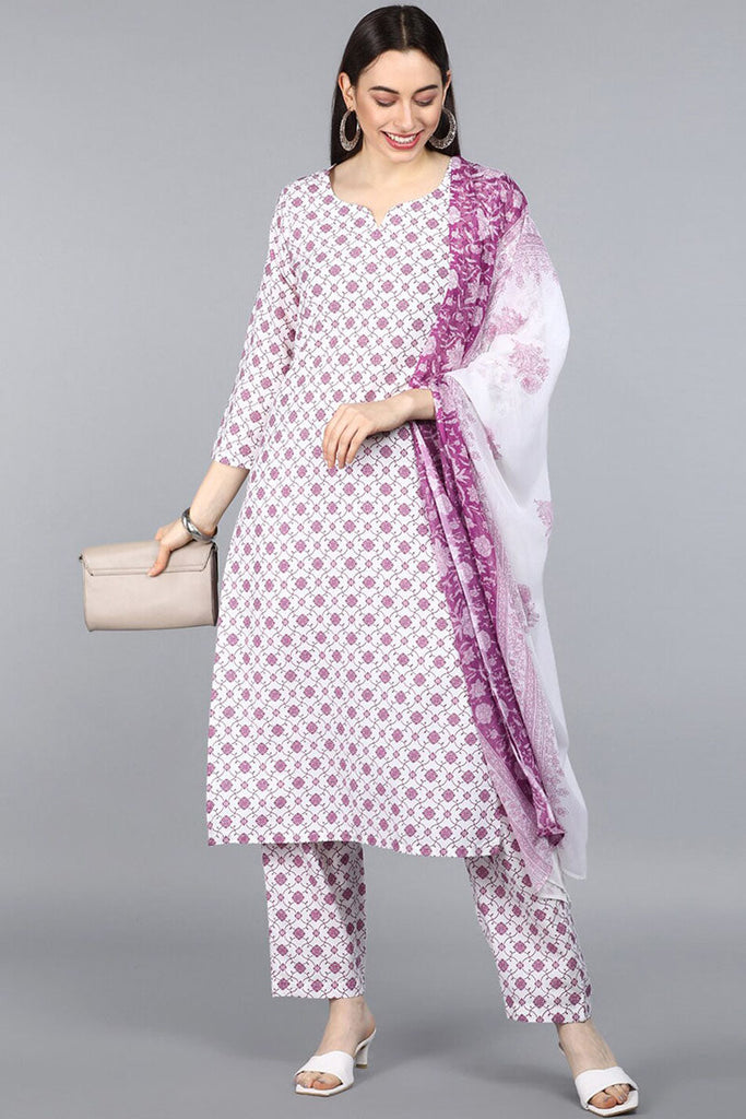  Women White  Purple Ethnic Motifs Printed Kurta with Trousers Dupatta 