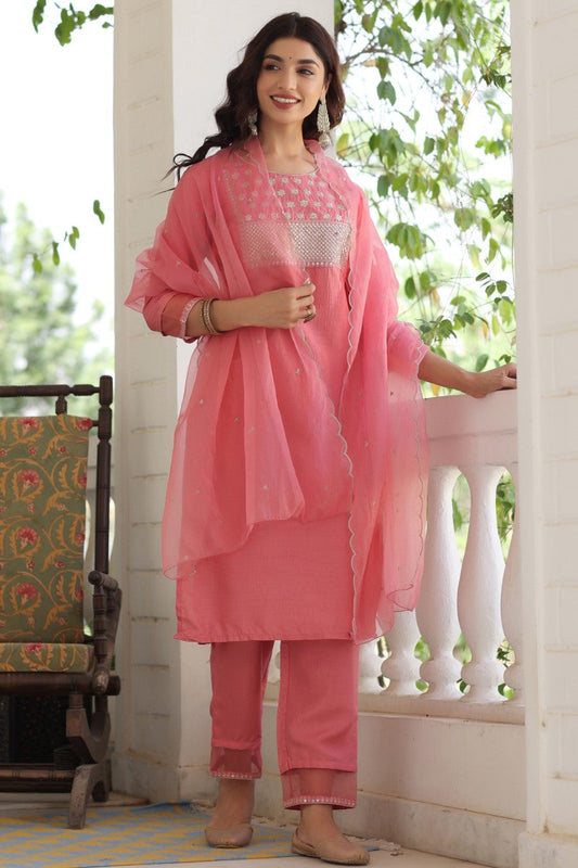  Women Pink Solid Embroidered Kurti Trousers With Dupatta 