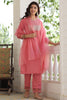  Women Pink Solid Embroidered Kurti Trousers With Dupatta 