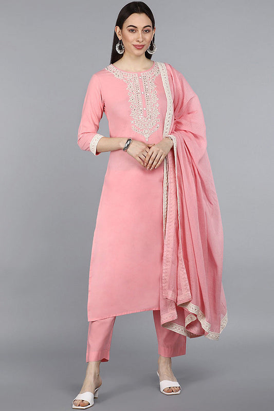  Women Pink Ethnic Motifs Embroidered Pure Cotton Kurta with Trousers With Dupatta 