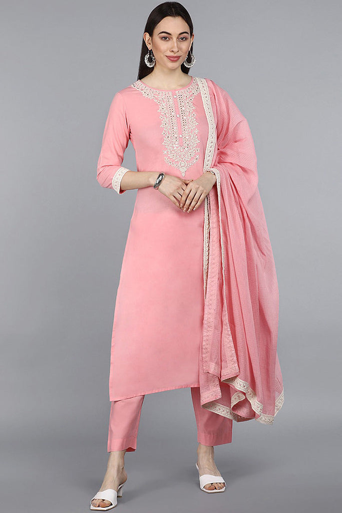  Women Pink Ethnic Motifs Embroidered Pure Cotton Kurta with Trousers With Dupatta 