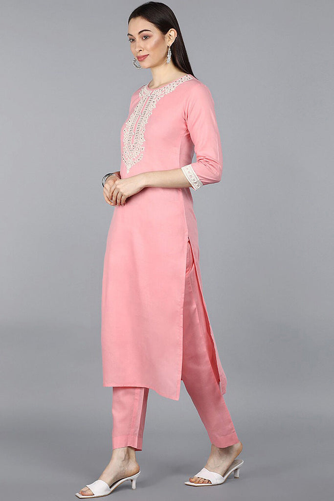  Women Pink Ethnic Motifs Embroidered Pure Cotton Kurta with Trousers With Dupatta 