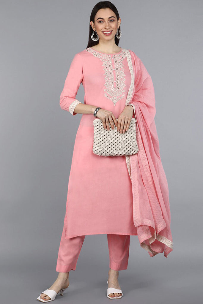  Women Pink Ethnic Motifs Embroidered Pure Cotton Kurta with Trousers With Dupatta 