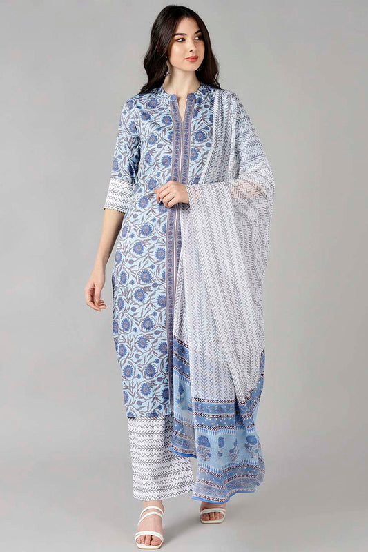  Women Blue Floral Printed Kurta Trousers With Dupatta