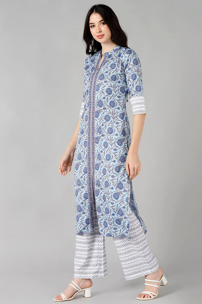  Women Blue Floral Printed Kurta Trousers With Dupatta