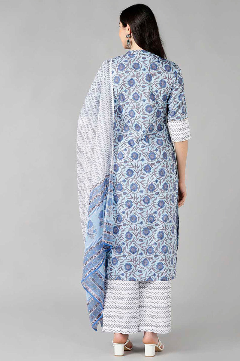  Women Blue Floral Printed Kurta Trousers With Dupatta