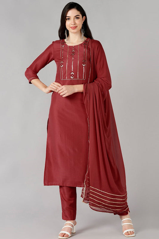 Women Red Solid Embroidered Kurta Trousers With Dupatta