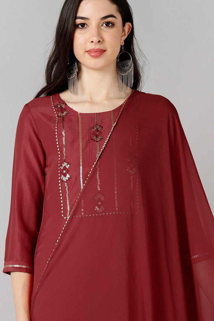 Women Red Solid Embroidered Kurta Trousers With Dupatta