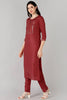 Women Red Solid Embroidered Kurta Trousers With Dupatta