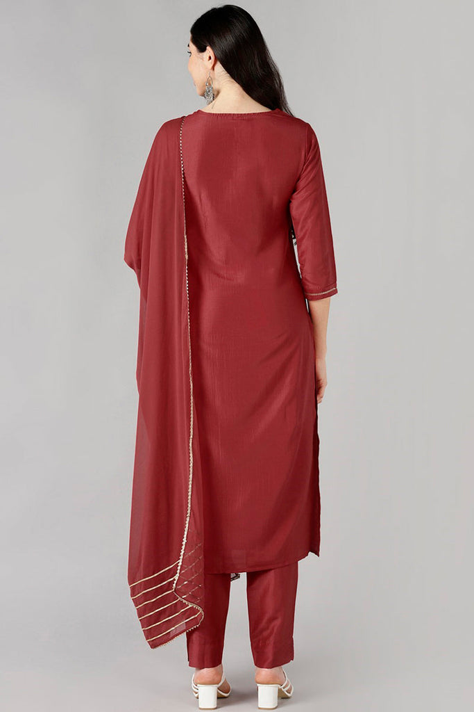 Women Red Solid Embroidered Kurta Trousers With Dupatta