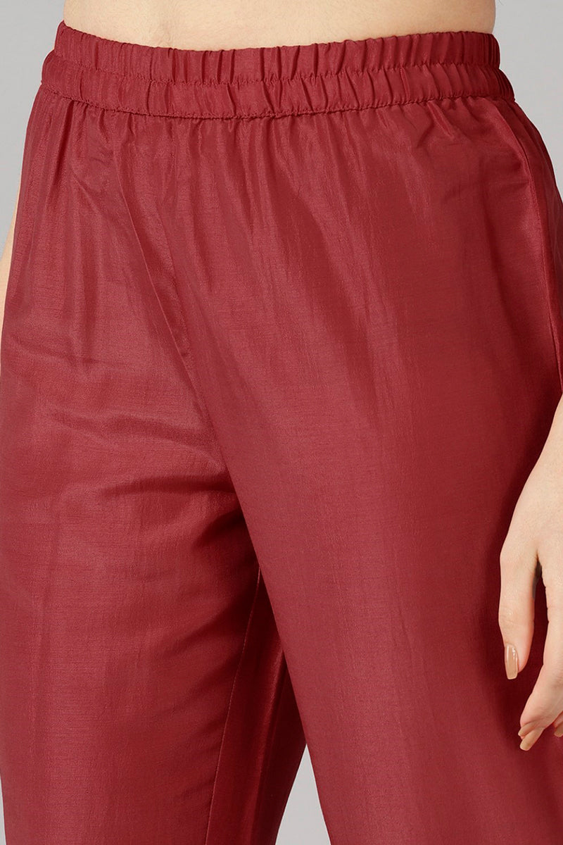 Women Red Solid Embroidered Kurta Trousers With Dupatta