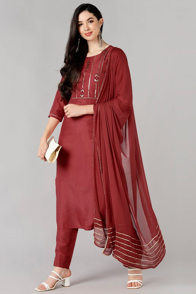 Women Red Solid Embroidered Kurta Trousers With Dupatta