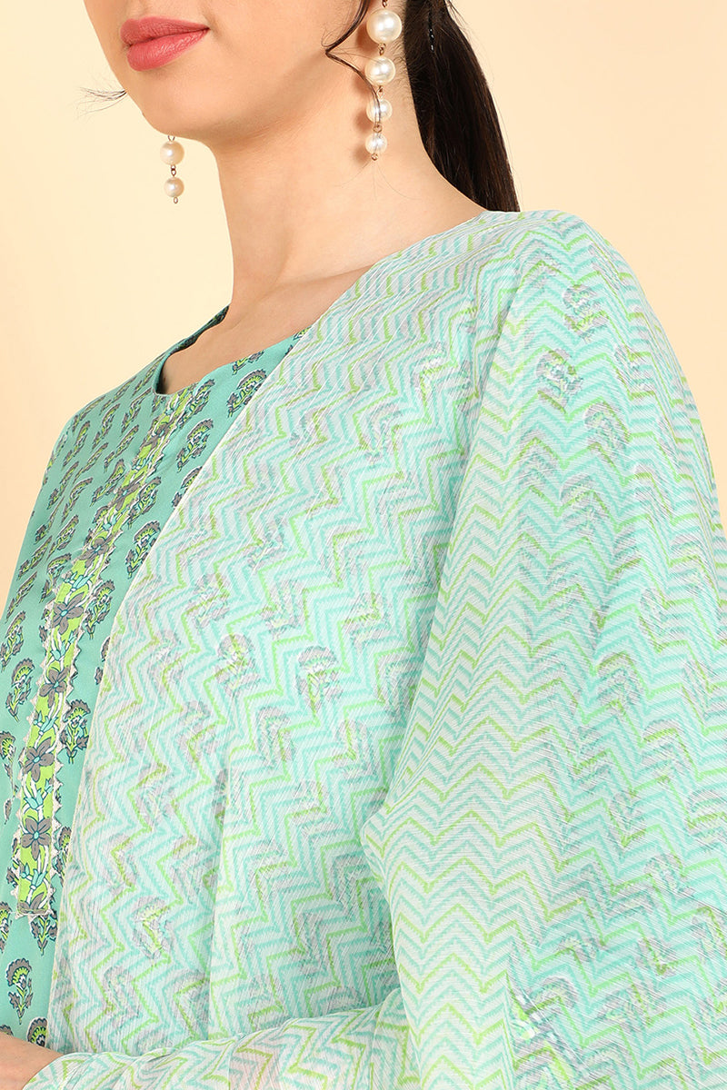  Women Sea Green Printed Kurti Palazzos With Dupatta