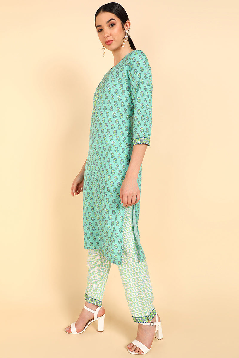  Women Sea Green Printed Kurti Palazzos With Dupatta