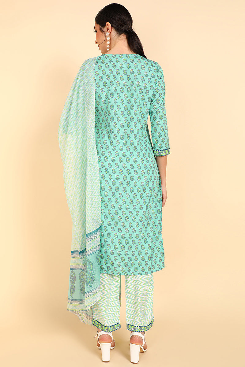  Women Sea Green Printed Kurti Palazzos With Dupatta