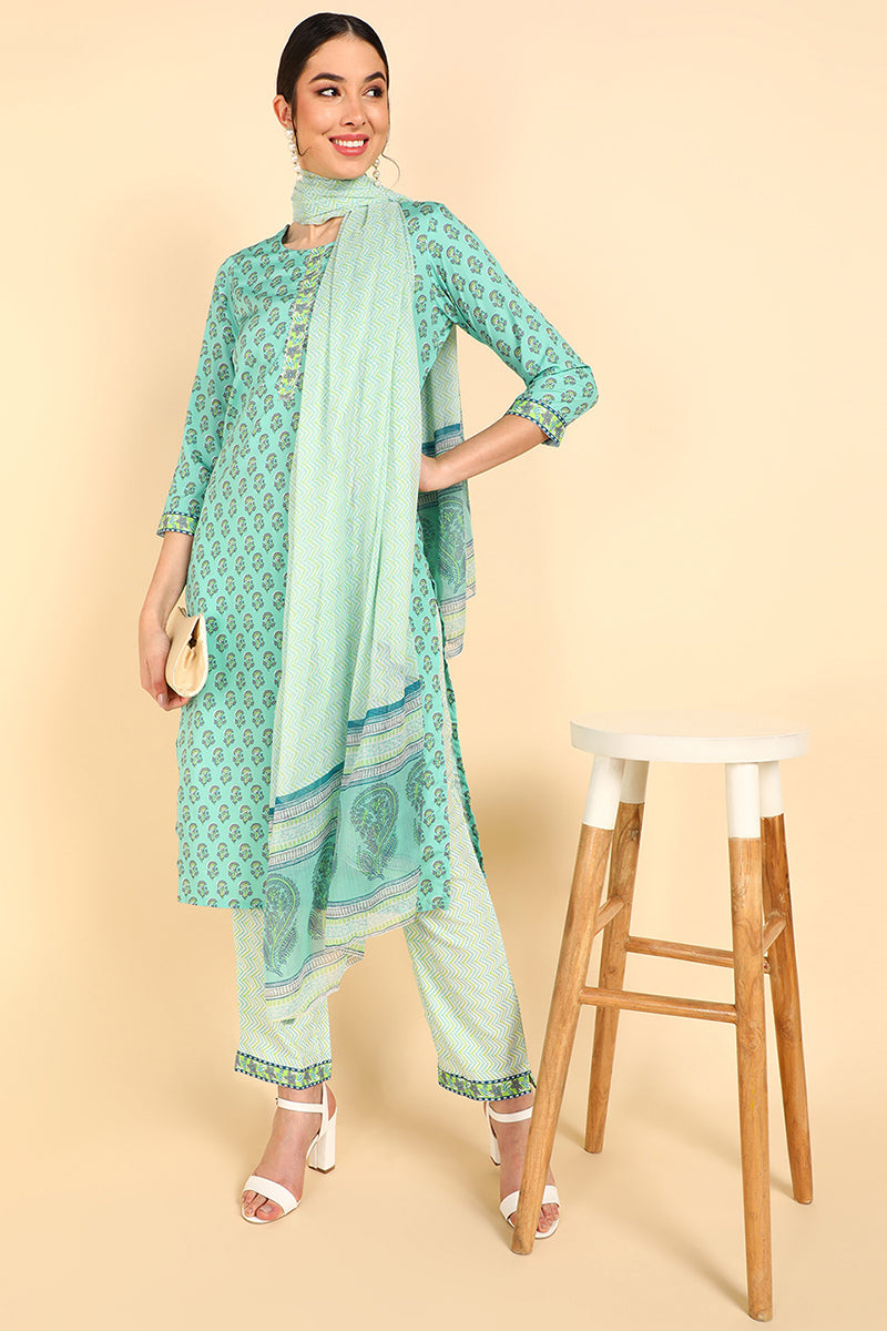  Women Sea Green Printed Kurti Palazzos With Dupatta