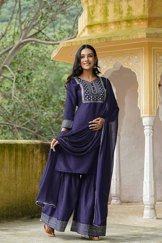  Women Navy Blue Solid Embroidered Kurta Sharara With Dupatta