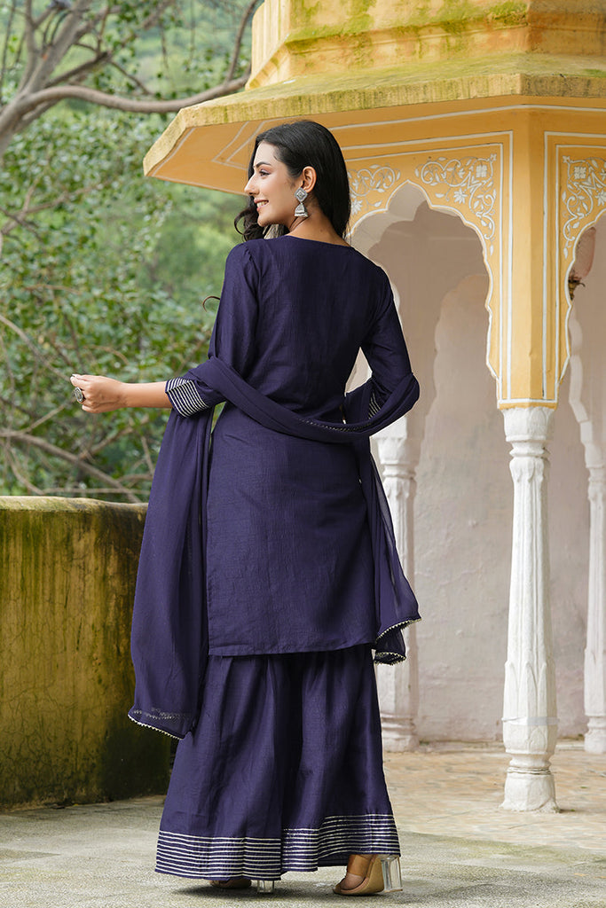  Women Navy Blue Solid Embroidered Kurta Sharara With Dupatta