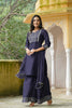  Women Navy Blue Solid Embroidered Kurta Sharara With Dupatta