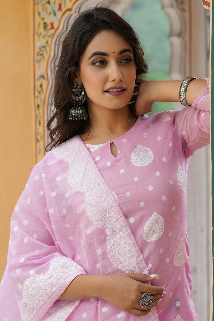  Women Pink Woven Design Kurta Trousers With Dupatta